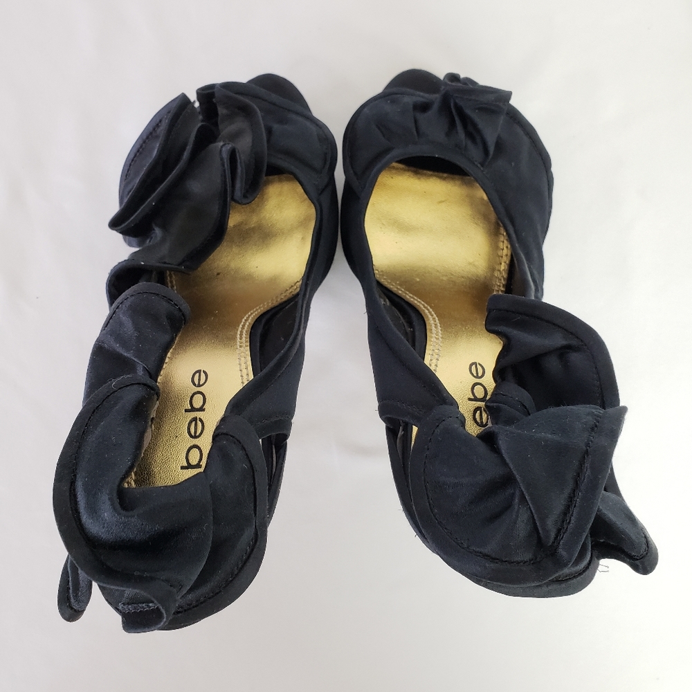 bebe Satin Ruffle Open Toe Platform Heels - Picture 5 of 8